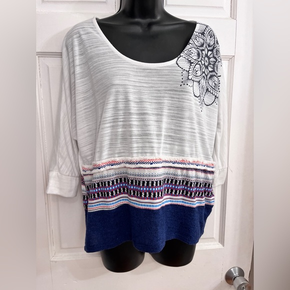 DESIGUAL STRIPED/Embroidered 3/4 SLEEVE T SHIRT TOP WOMENS SIze S - Picture 4 of 10